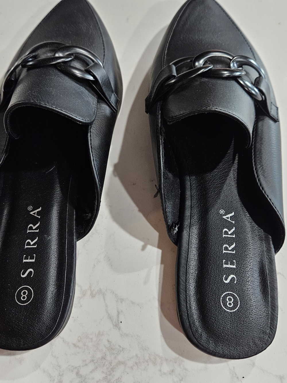 Serra Black Pointed-Toe Chain-Detail Slip-On Mules Size 8 - Picture 2 of 4